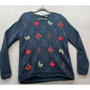 VTG Liz Claiborne Sweater Womens M Navy Blue Floral Embroidered Flowers Holiday